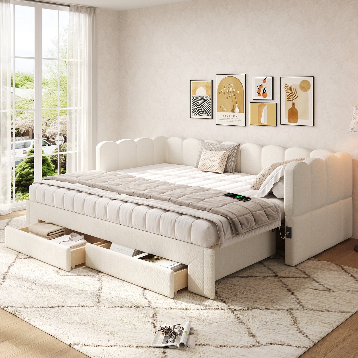 STILVORA Daybed 90x200 Cm – Uittrekbaar Tot 180x200 Cm – Met Usb En Type C – 2 Opberglades – Met Lattenbodem – Zonder Matras – Linnen Beige