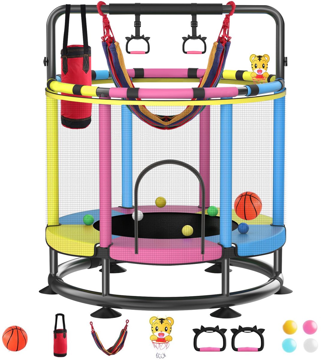 Kinder Trampoline Ø150 cm-Verhoogd veiligheidsnet-Stalen frame-Ophangringen en hangmat-Meerkleurig