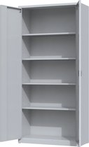 Grijze metalen archiefkast met open deuren en vijf planken.