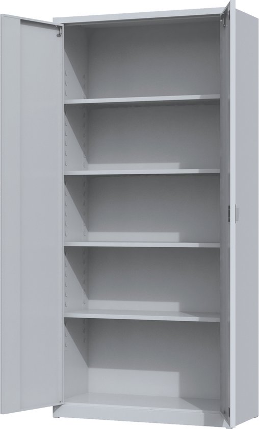 Grijze metalen archiefkast met open deuren en vijf planken.