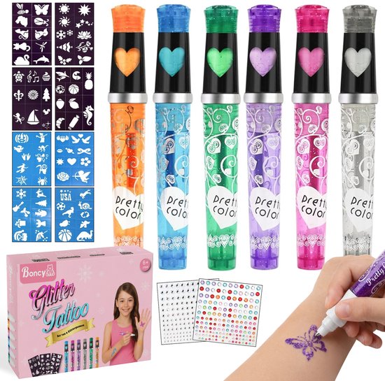 Boncy® XXL Glitter Tattoo Set - Schmink Tattoos Body Glitters - Incl. Sjablonen en Glitterstiften - Tijdelijke Nep Tatoeages Voor Kinderen & Volwassenen - Glittergel Gezicht - Temporary Kinder Gel Neptattoos - Plak Lijm Tatoeage - Neptattoo Haar Face