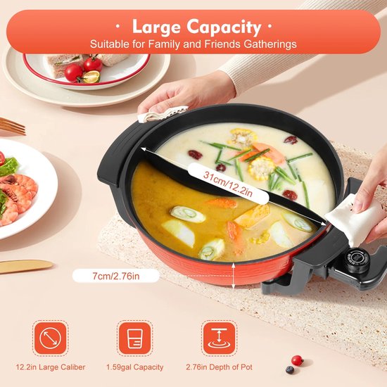 Rolu Hotpot - Hotpot Electrisch - Soepketel - Hotpot Pan - Chinese Fondue - 6 Liter - 38.3 x 11 CM - 1360W - Rood — afbeelding 2