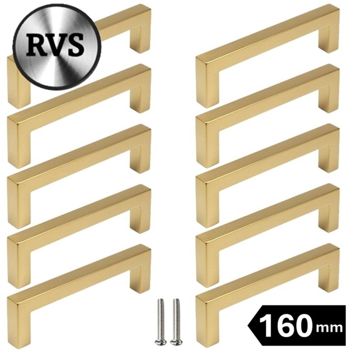 10 X MSQDESIGN Handgrepen RVS Goud - Boormaat 160mm - Gouden Handgreep voor Keuken & Kast - Moderne Meubelgreep - Keukengreep Mat Goud -Kastgrepen- Goude Greepjes Keuken - Goude RVS Handvatten - Deurgreepjes -incl schroeven