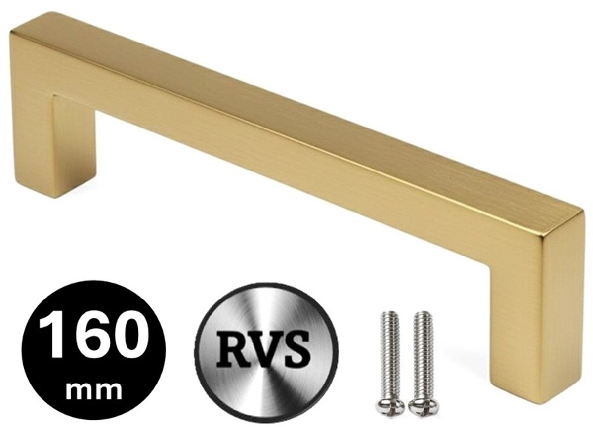 MSQDESIGN Handgreep RVS Goud - Boormaat 160mm - Gouden Handgreep voor Keuken & Kast - Moderne Meubelgreep - Keukengreep Mat Goud -Kastgrepen- Goude Greepjes Keuken - Goude RVS Handvatten - Deurgreepjes -incl schroeven
