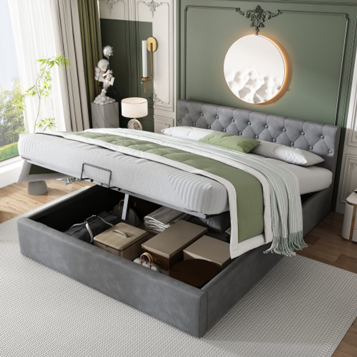SINGULARITY-Bed met fluweelbekleding- 140 x 200 cm- hoofdbord met knopen- tweepersoonsbed- hydraulisch bed met opbergruimte- lattenbodem- grijs- zonder matras
