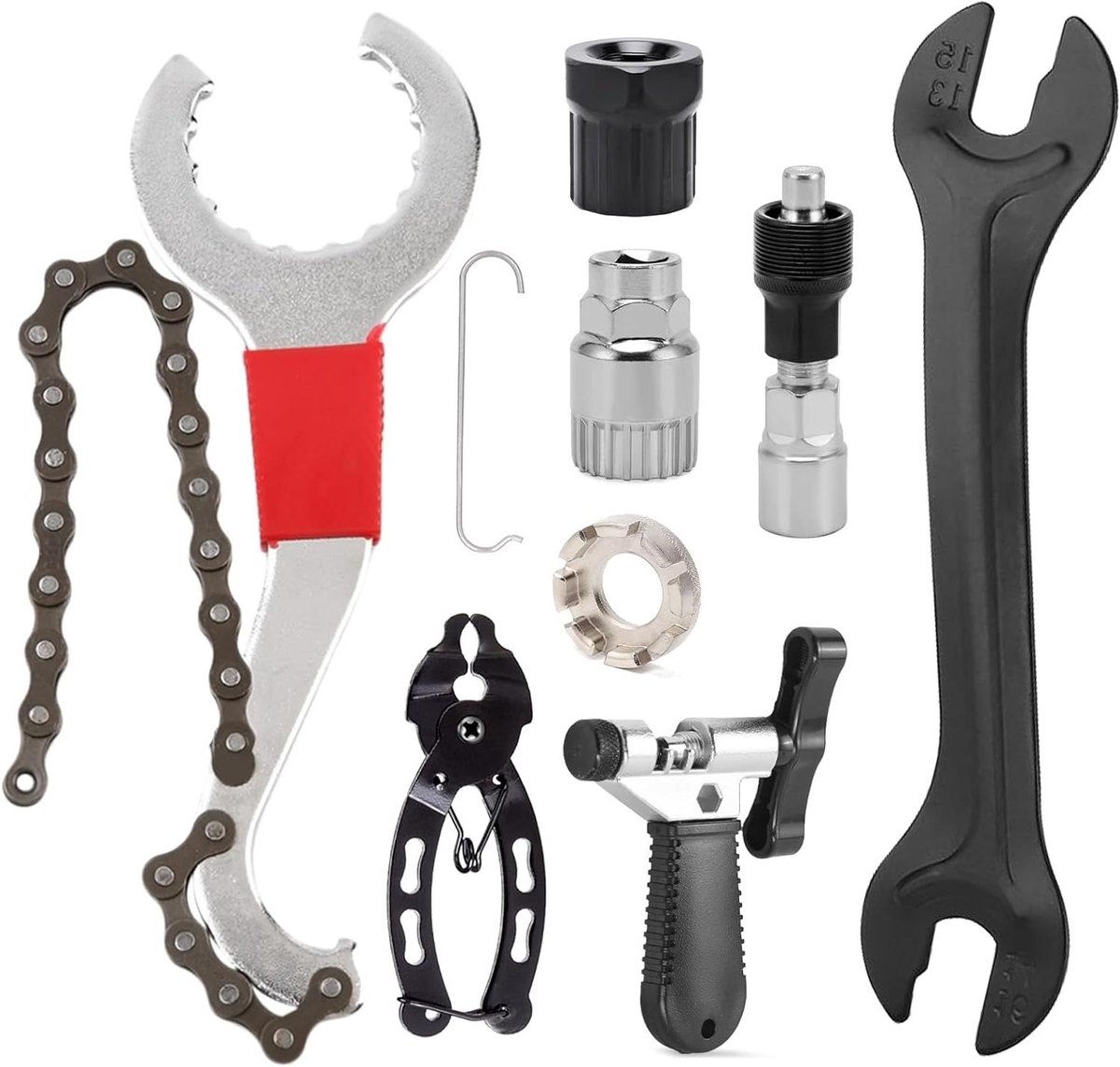 9-delige multifunctionele fietsgereedschapset voor het verwijderen van fietscassette, fietsketting en pedaalaandrijving.