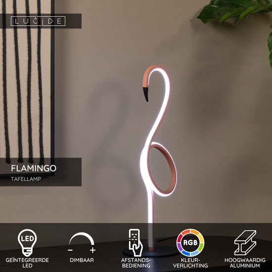 Lampe de table Flamant Rose Lucide avec éclairage LED RVB dimmable en métal rose avec base noire.