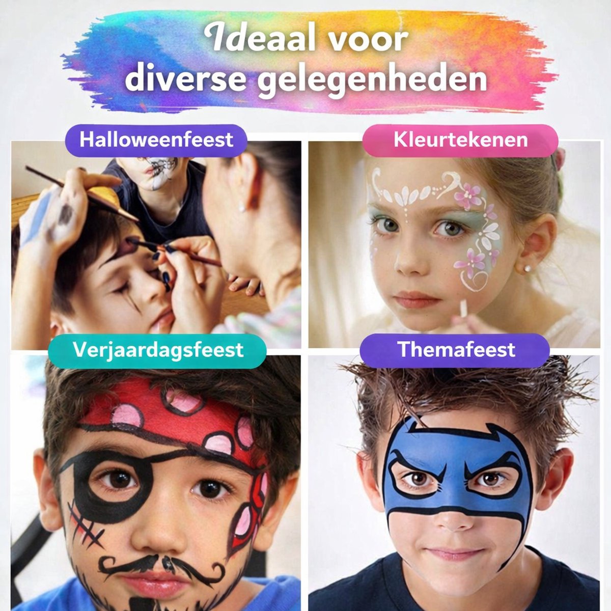 Joyage Schmink kinderen & volwassenen - Op waterbasis - Sjablonen en penselen - Schminkset Elf Make up Kinderen - Face paint palette - Grime Schmink palet volwassenen wit - Kinderschmink voor grimas - Gezichtsverf grimeren - Smink accessoires zwart — afbeelding 4