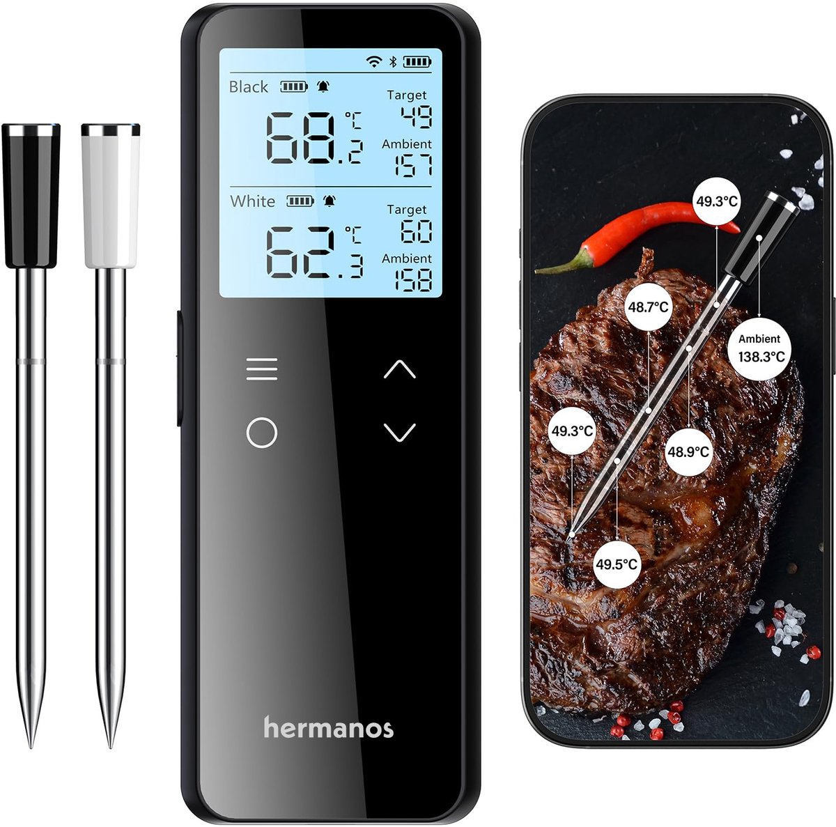 BBQ Thermometer Pro Draadloos incl. App - 2 sondes - Vleesthermometer - Meet Kerntemperatuur en Omgevingstemperatuur - Bluetooth en WiFi -Oventhermometer - Hermanos®