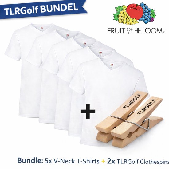 5 Stuks Fruit of the Loom T-shirts Heren V-Hals - Maat XL (Wit) Inclusief 2 TLRGolf Wasknijpers