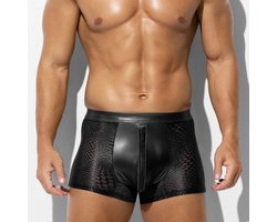 Zwarte Low Rise Heren Boxer met Rits – Ademend Mesh & PU-Leren Front – Sexy Stretch Ondergoed voor Mannen- Maat L