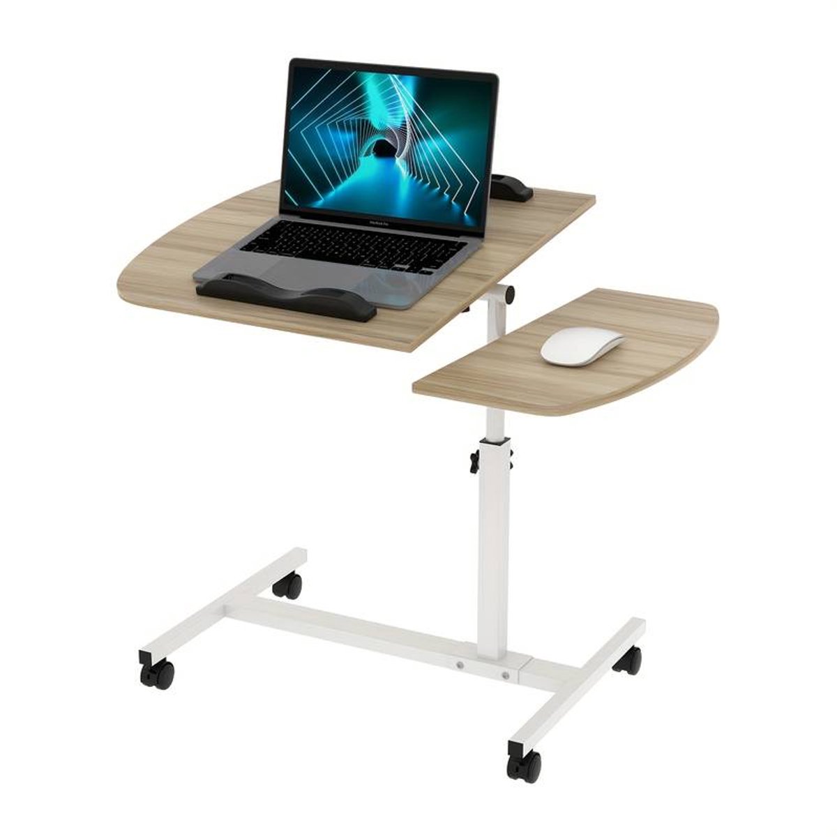 Laptoptafel met Wieltjes – Verstelbaar 61,5-95 cm – Khaki – Gelamineerd Hout – Verrijdbare Werktafel