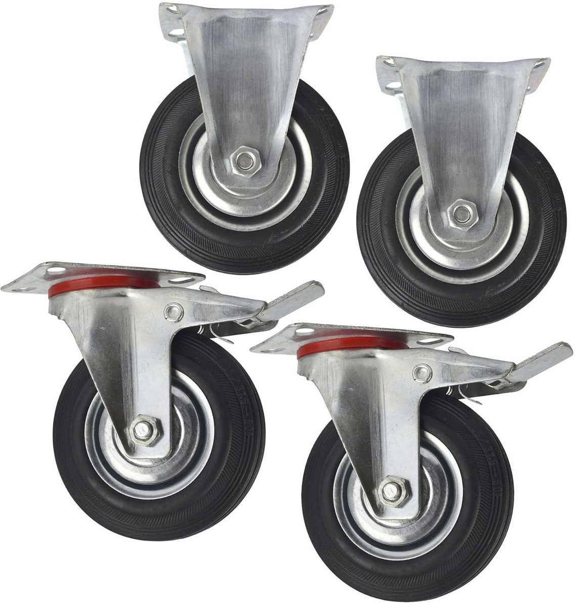 4x Zwenkwielen 125mm Met Rem - Stevige Rubberen Wielen met Montageplaat