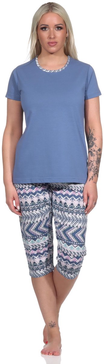 Normann Damespyjama met korte mouwen en capri in etnische look blau