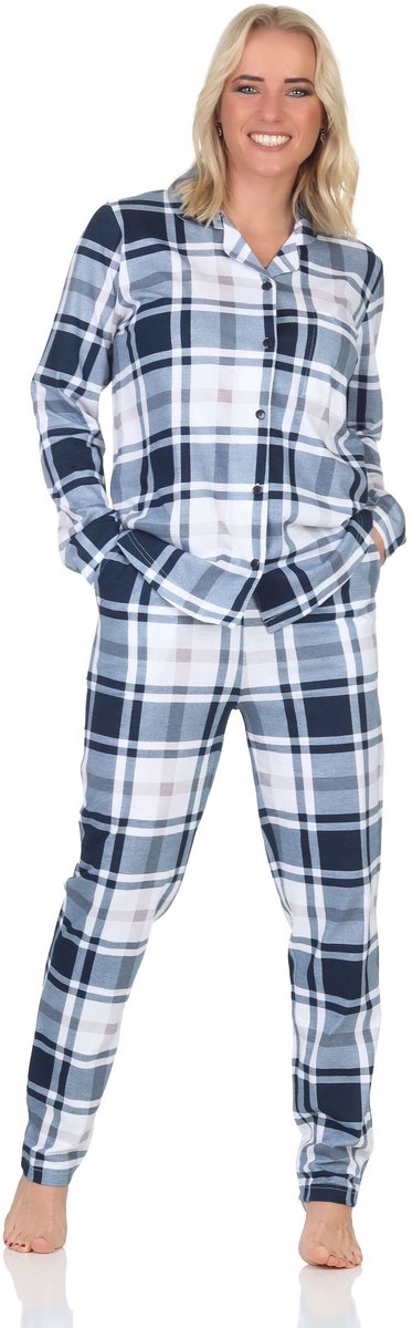 Normann damespyjama met knoopsluiting in geruite look - ook in grote maten marine