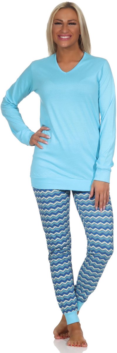 Normann Damespyjama's, lange pyjama's met V-hals & manchetten in etnische look blau