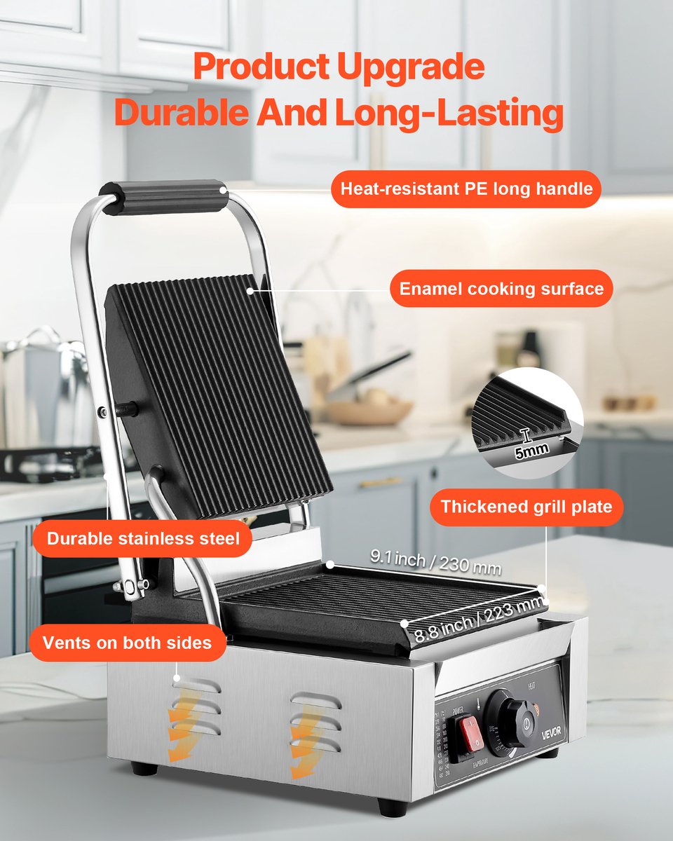 VEVOR Commerciële Panini Grill Sandwich Maker Grillplaat 22x23cm Panini Maker thumbnail 5