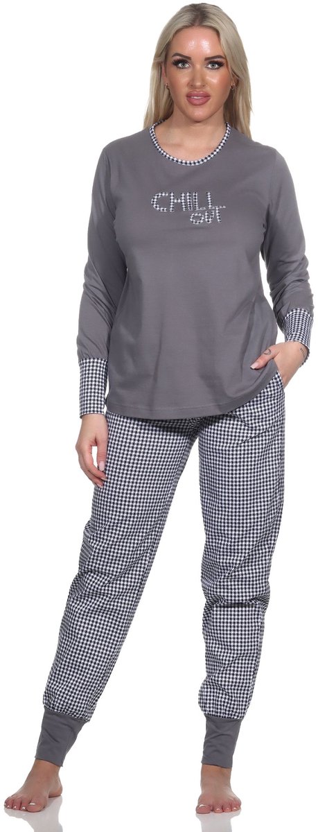 Normann Dames Pyjama Lange Mouwen met Manchet, Pepita Look Broek, Front Print Top grau