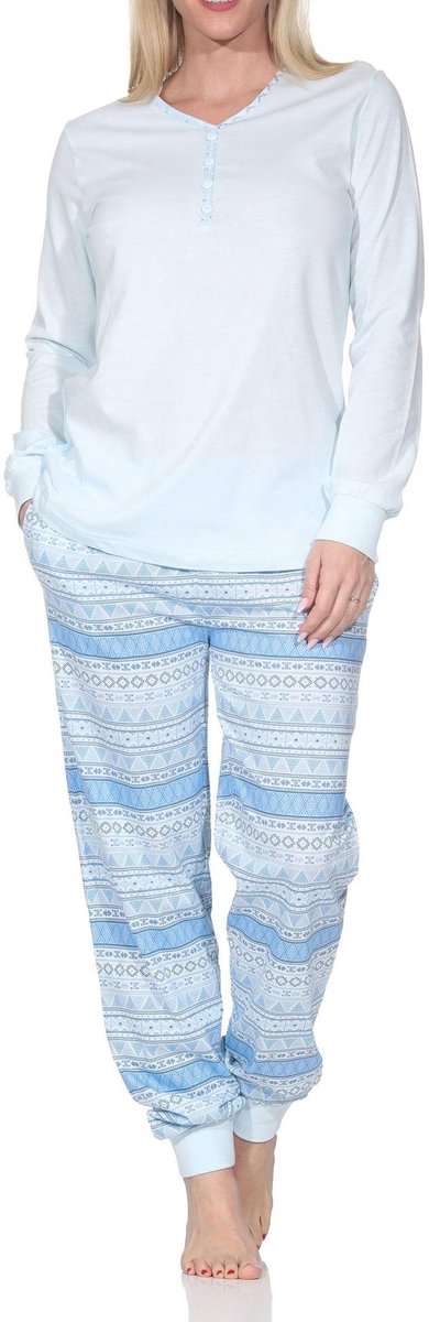 Normann damespyjama met lange mouwen en manchetten in Ethnolook - Ook in oversizes hellblau