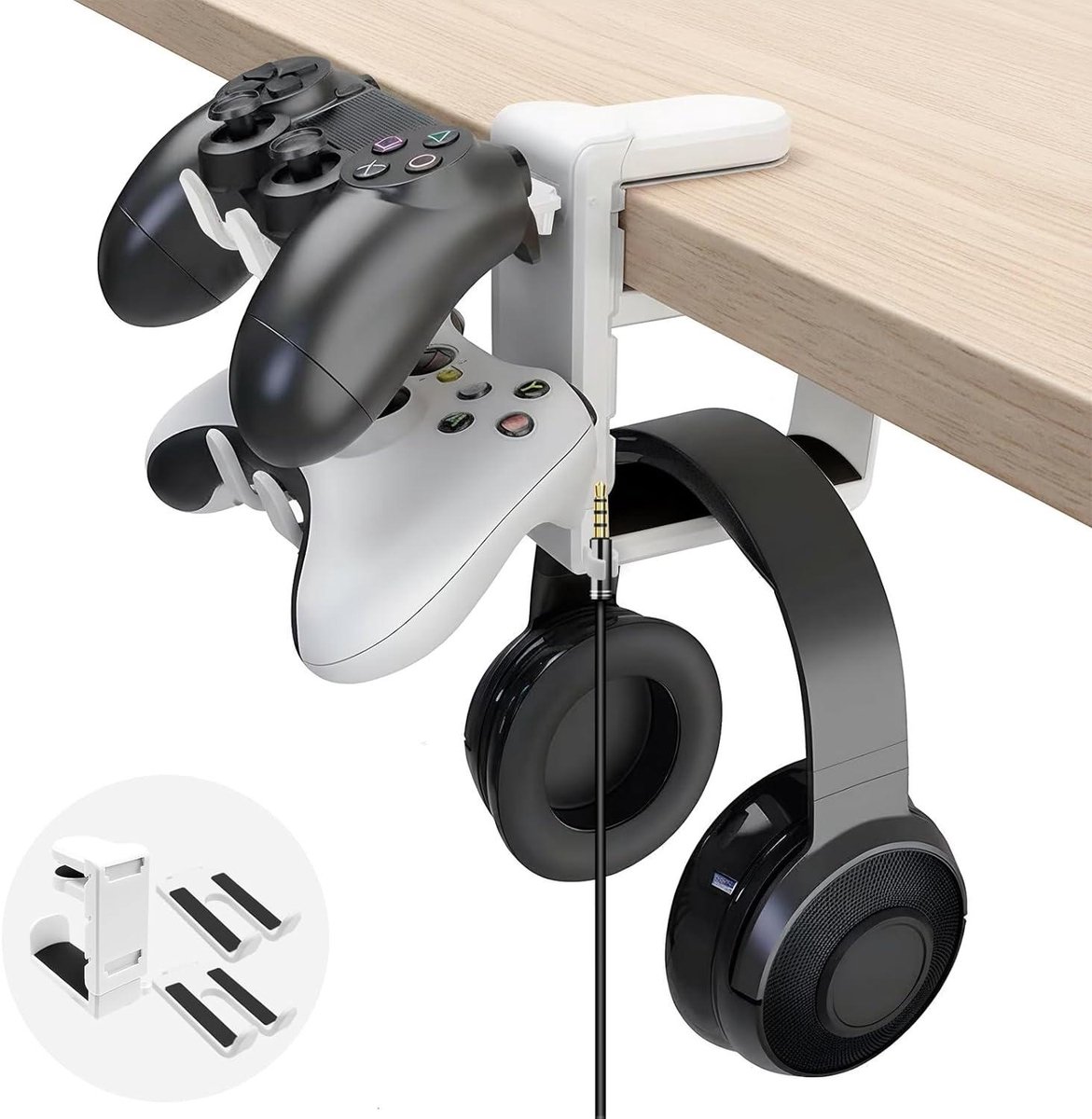 Hoofdtelefoonstandaard met Controllerhouder en Kabelorganizer voor Gaming - 360° Draaibare Headsethouder - Universele Standaard (Wit)