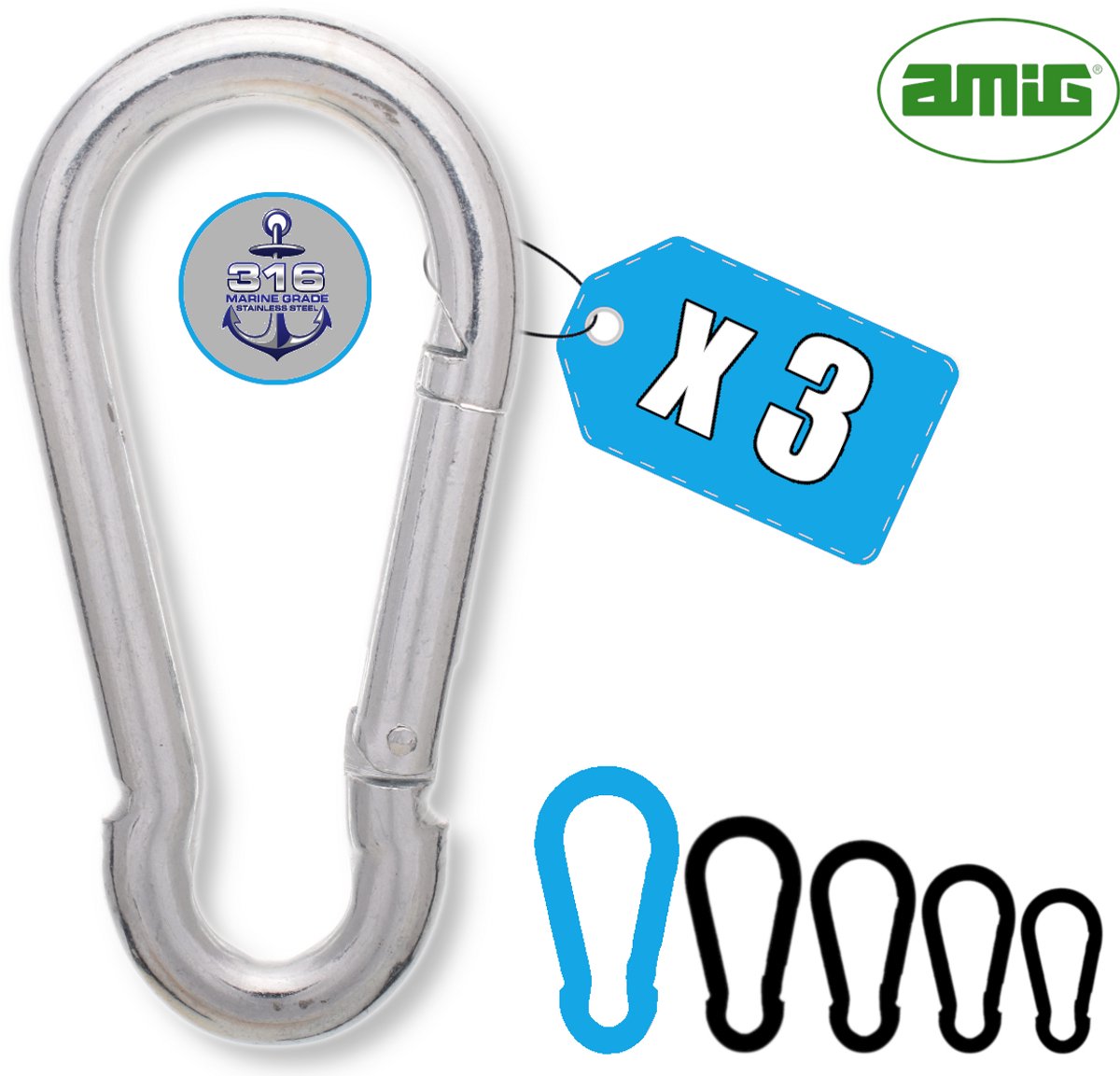 AMIG Karabijnhaak 10x100mm Groot RVS 316 Zeewater Bestendig Veersluiting Zeilboot Musketonhaak - 3 Stuks