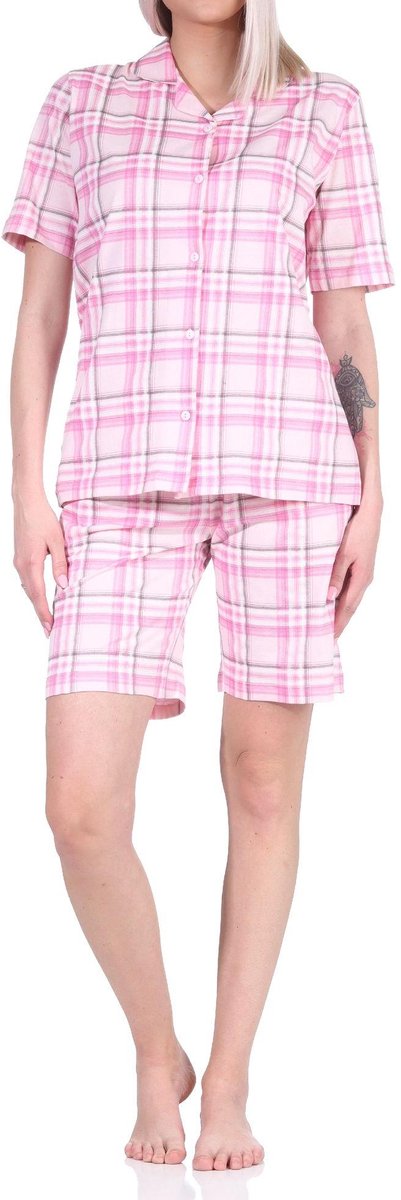 Normann Dames jersey pyjama shorty met doorknoop in ruitjesoptiek - ook verkrijgbaar in oversize rosa