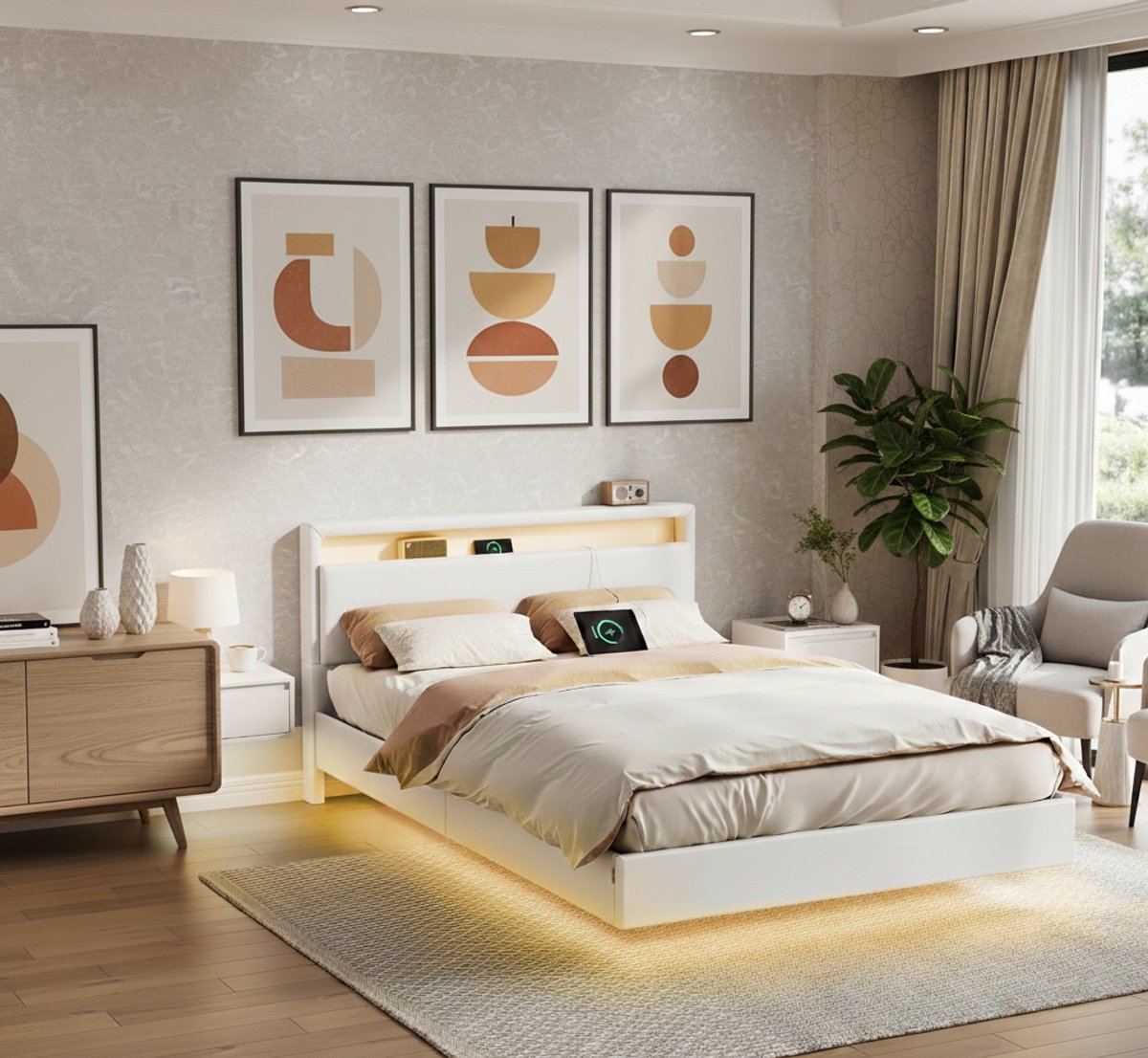 Aurora Luxe Zwevend LED Bedframe 140x200 cm – Modern Kunstleren Tweepersoonsbed met RGB Verlichting, USB & USB-C Snellaadstation, Opbergplank en Stalen Constructie – Wit,Medahomestore