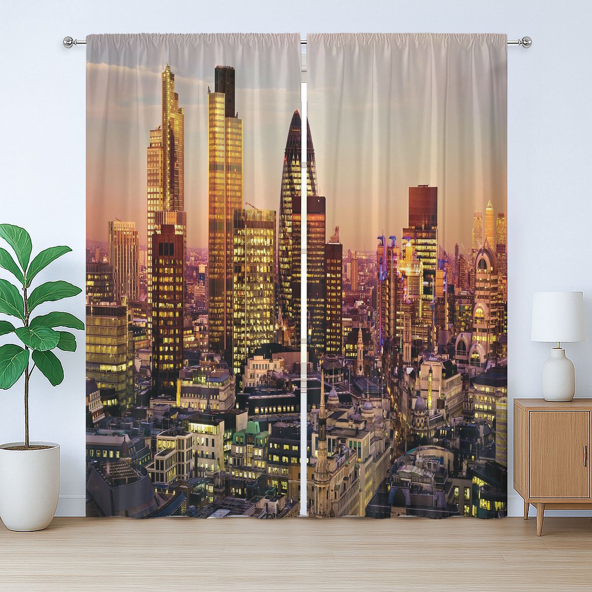ABAKUHAUS New York Rustiek Gordijn, Wereldstad Zonsondergang, met Bandjes, Lussen en Haken voor de Woonkamer, 280 x 260 cm, Geel Zwart