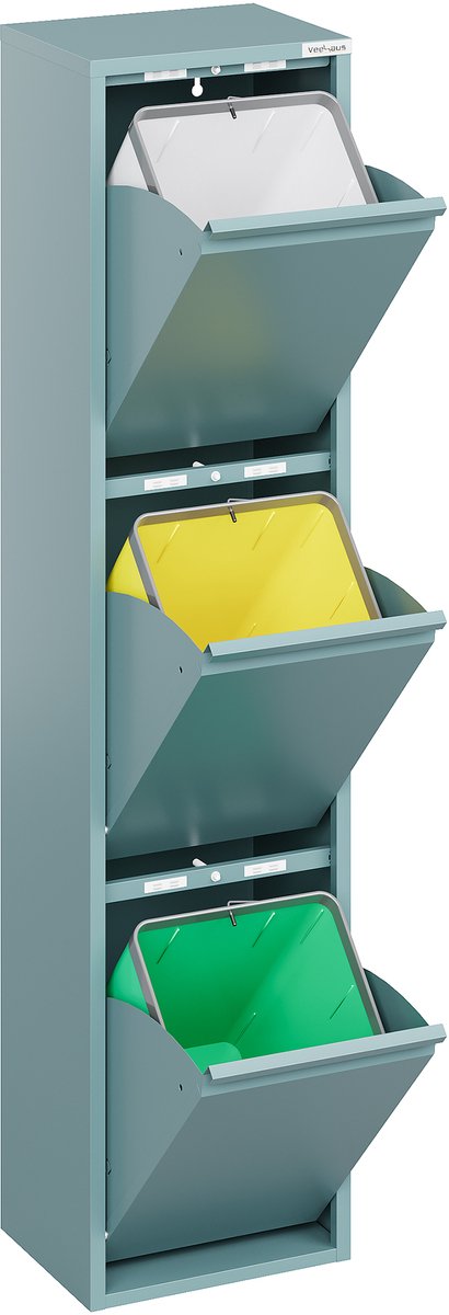Veehaus® – Monstera - Prullenbak 3 vakken – Afvalemmer 45 Liter (3x 15L) – Hygiënisch Recyclen - Metaal – Blauw