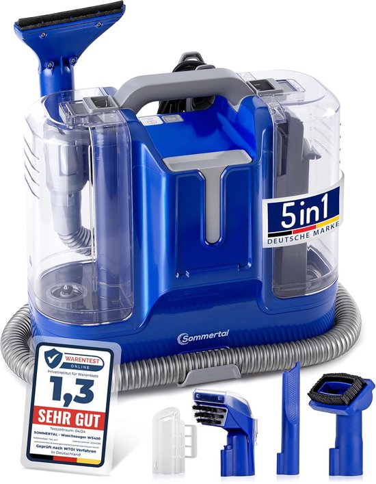 Sommertal MultiCleaner WS450 5in1 Apparaat voor Tapijt, Trap, Bekleding, Bank, Auto, Dieren, Vlekken, krachtige 450w Motor, Wasstofzuiger, met accessoires, Zelfreinigend