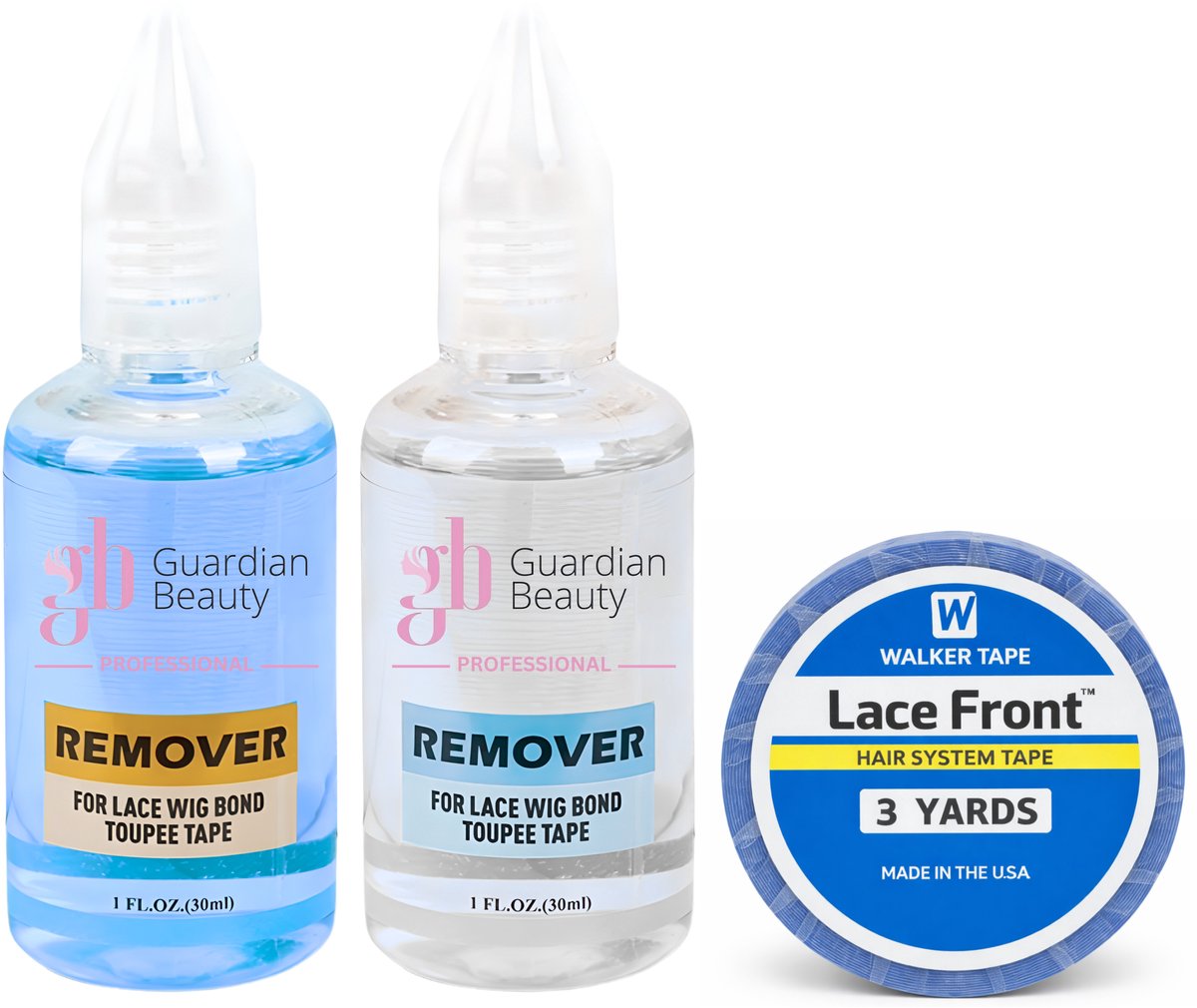 Walker Tape Pruikentape & Guardian Beauty Remover Set - Lace Front - Hair System Tape - 3 yards - 2.54 cm + GB Remover - Blauw, Transparant - For Lace Wig Bond and Toupee Tape - 2 stuks - 30ml - Haarextensions