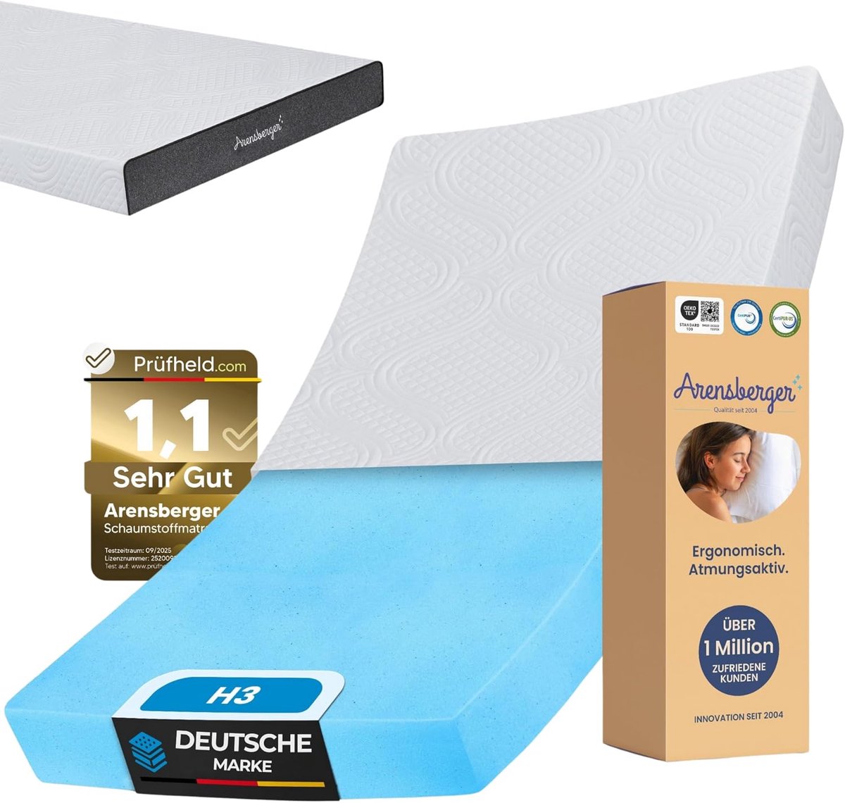 Arensberger Matras - Anna Gel Foam Matras 120 x 200 cm x 13 cm – Nanocell® Gel Foam – H3 Hardheid – Ademend – Afneembare Hoes 240 g/m² – Wasbaar tot 60 °C – Gerold Comfortmatras - matras 120 x 200 cm Blauw
