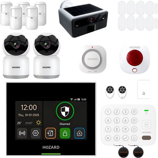 Hozard® Alarmsysteem Pakket A Plus V2.1 - WiFi & 4G Smart Home Beveiligingssysteem - Touchscreen – Slim Keypad - Binnen & Buiten Camera's - Rookmelder + Alarmlicht Sirene
