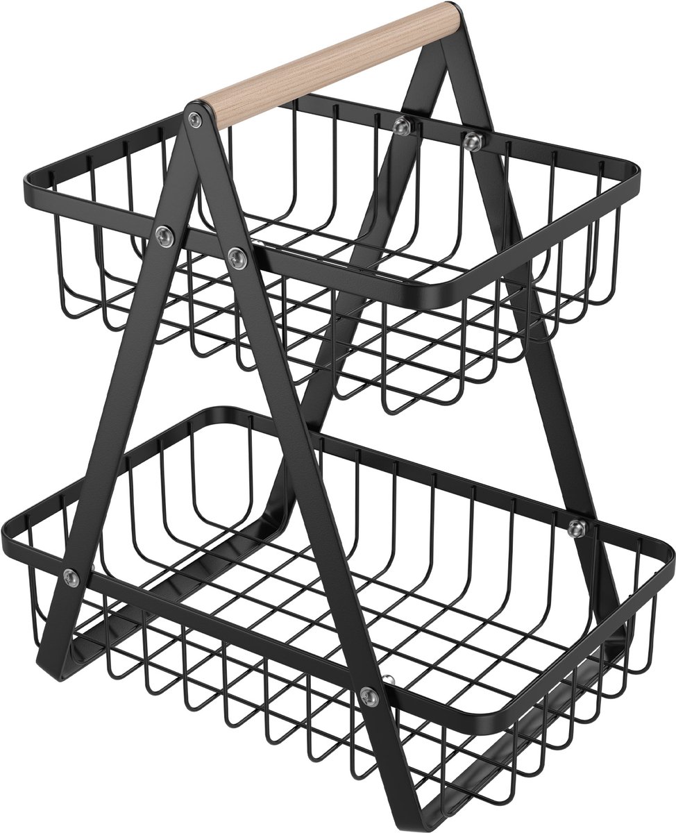 ACXIN Fruitrek 2‑Laags – Metaal Obstmand met Houten Handgreep – Zwart – 27×17×30 cm