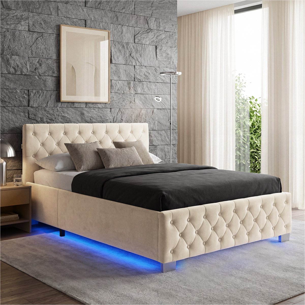 Tectake Gestoffeerd Bed met Matras - Tweepersoons Bed met Opbergruimte en LED-Verlichting - Zandkleur - 180 x 200 cm - Bedframe met Lattenbodem - Twijfelaar - Knoop Design - Matras met 2 Hardheidsgraden - Complete Bedden Set voor Slaapkamer Zandkleur met Matras