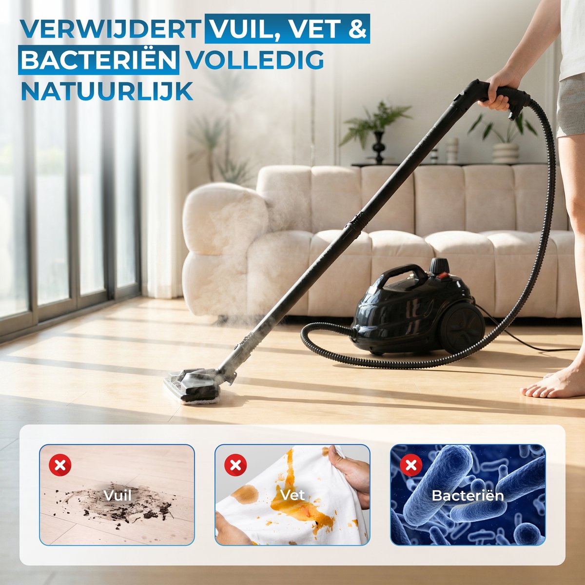 Powell Stoomreiniger - Tapijtreiniger - Handstoomreiniger - Vlekkenreiniger - Stoomapparaat - Reinigingsmachine - 2000W - Inclusief accessoires - Voor vloer, bank, badkamer, tapijt en ramen - Zwart thumbnail 2
