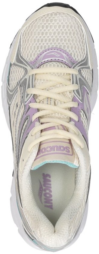 Crème Saucony sneakers met paarse en zilveren accenten, van bovenaf gezien.