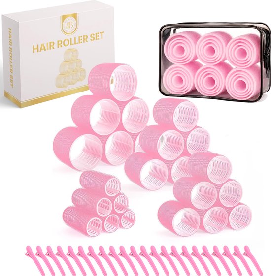 Roze zelfklevende haarkrullers in verschillende maten, met roze haarclips en een opbergtasje.
