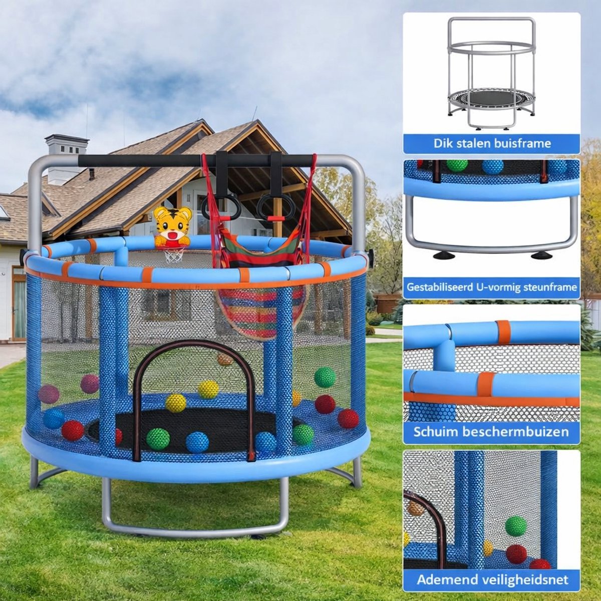 Multifunctionele Trampoline Ø150 cm-Basketbalring-Ringleuning- Ophangringen en hangmat-Draagvermogen 150 kg-Blauw – foto 5
