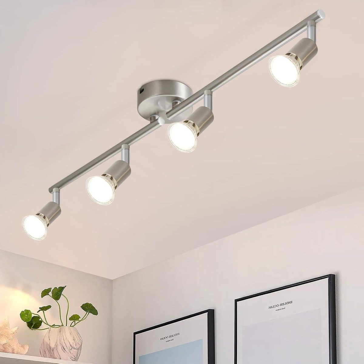 Glitzerlife - Plafondspot Plafondlamp - Dimbare Draaibare Opbouwspots - 4xGU10 fitting - 330° Rotatie 90° Kantelbaar - Gelakt Metaal - Ø60cm - Zilver