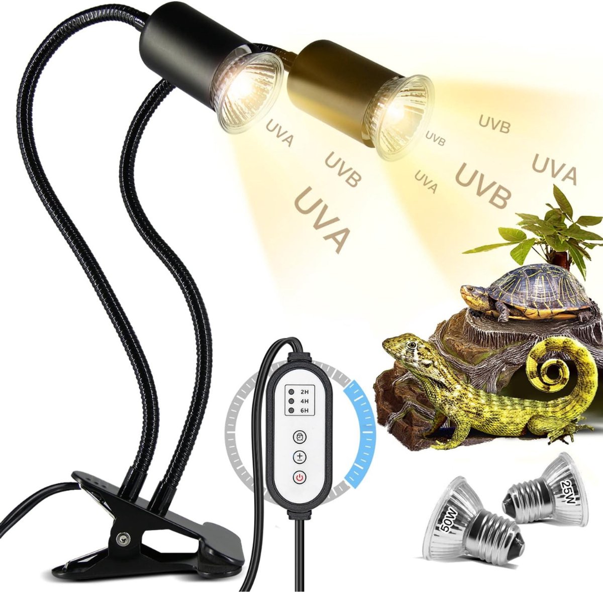 VIN® Warmtelamp Reptielen - Broedlamp met Dimfunctie - met Afstandsbediening - Hot Spot UV Lamp - Twee Lampen - Keramische warmtelamp - Zwart