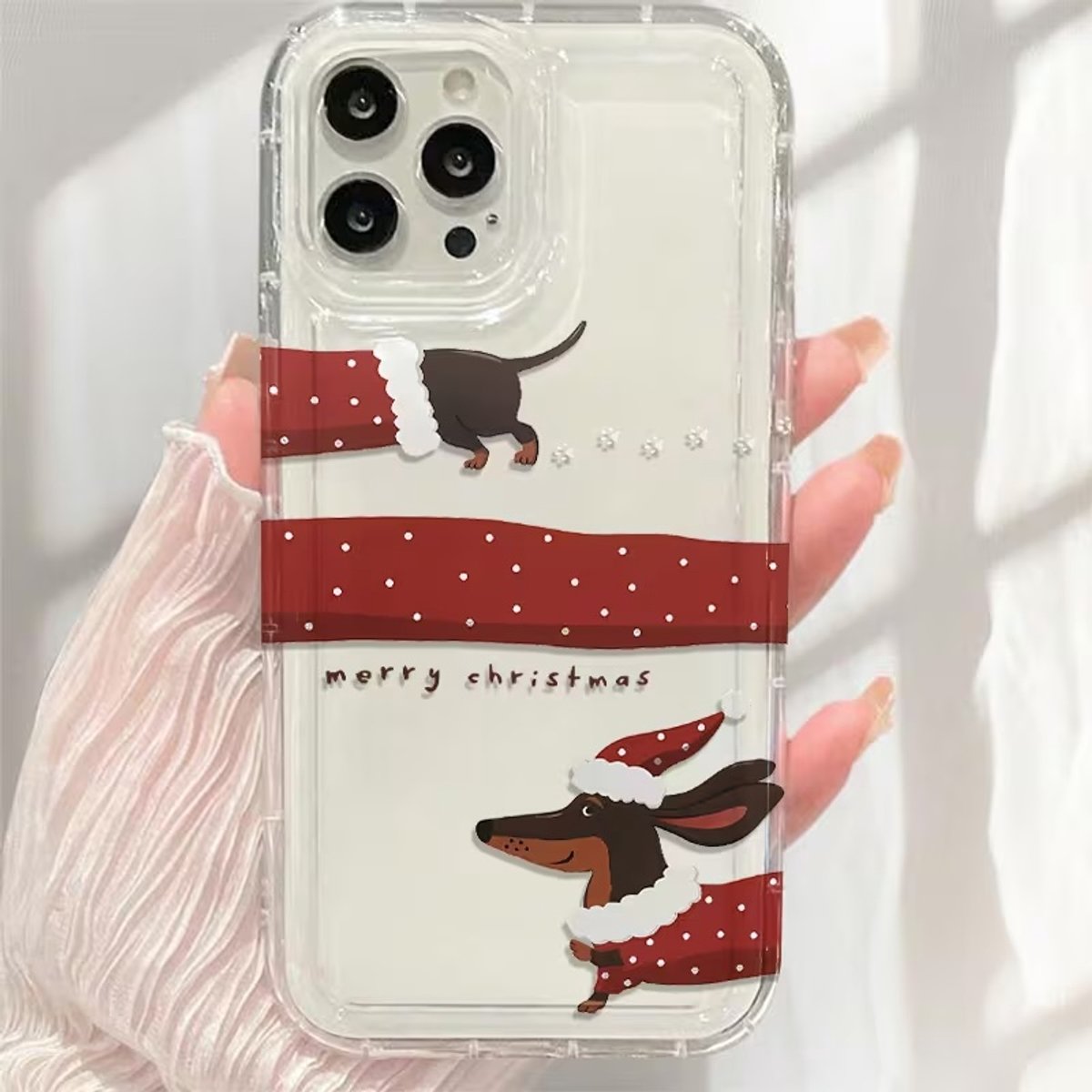 Teckel Telefoonhoesje iPhone 15 Pro Max – Transparante TPU Case – Extra Sterke Beschermhoes met Kerst Teckel Print (Dachshund) – Schokbestendig & Krasvrij