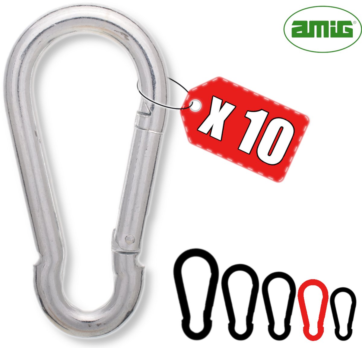 AMIG Karabijnhaak 6x60mm Klein Verzinkt Staal Veersluiting Sleutelhanger Voorraadset - 10 Stuks