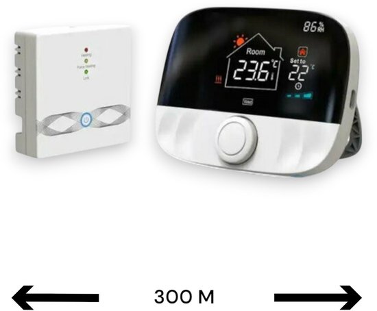 Wit bedieningspaneel en thermostaat met zwart scherm, gescheiden door 300m indicator.
