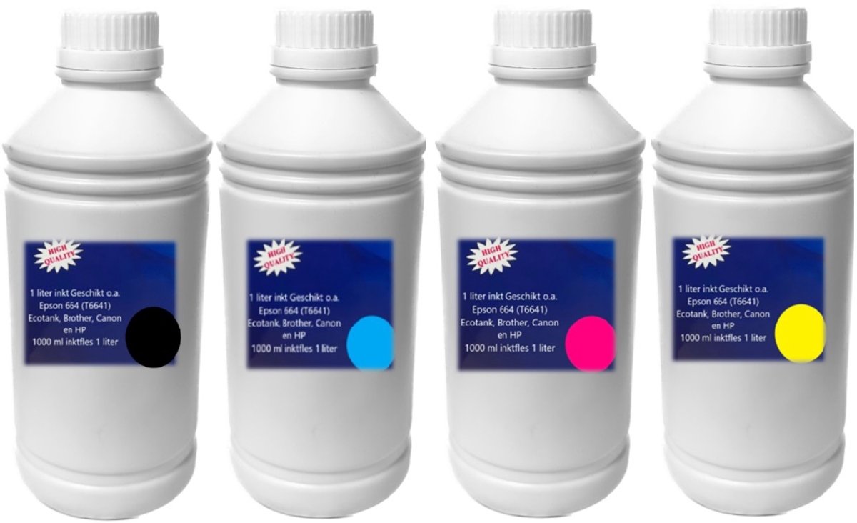 Inkt Zwart, cyaan, Magenta en Geel geschikt o.a. Epson Eco tank printers, Brother, Canon en HP Cyaan 1000 ml inktfles 1 liter. Universeel inkt