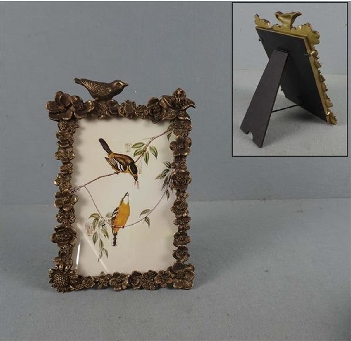 Fotolijstje Vogel en bloemen ant.goudkleur 16x2x22cm