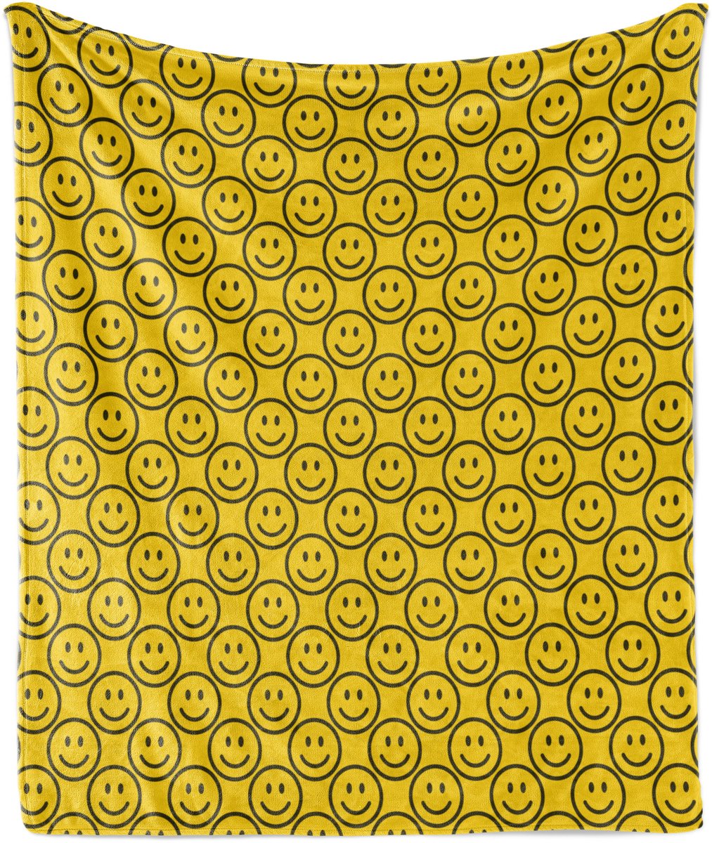 ABAKUHAUS Emoji Zachte Flanellen Fleece Deken, Diagonale Lachende Gezichtjes, Gezellige Pluche Plaid, 125 x 175 cm, Donker Legergroen en Geel