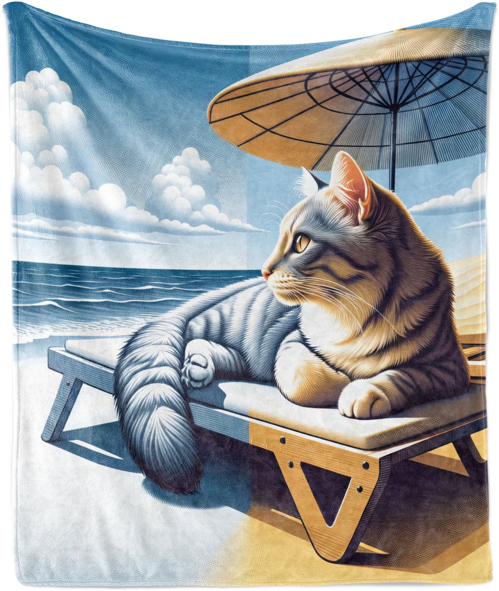 ABAKUHAUS Zachte flanellen fleece deken met kattenprint, zonnebadend kitten op het strand, knusse pluche plaid, 125 x 175 cm, licht mosterdblauw