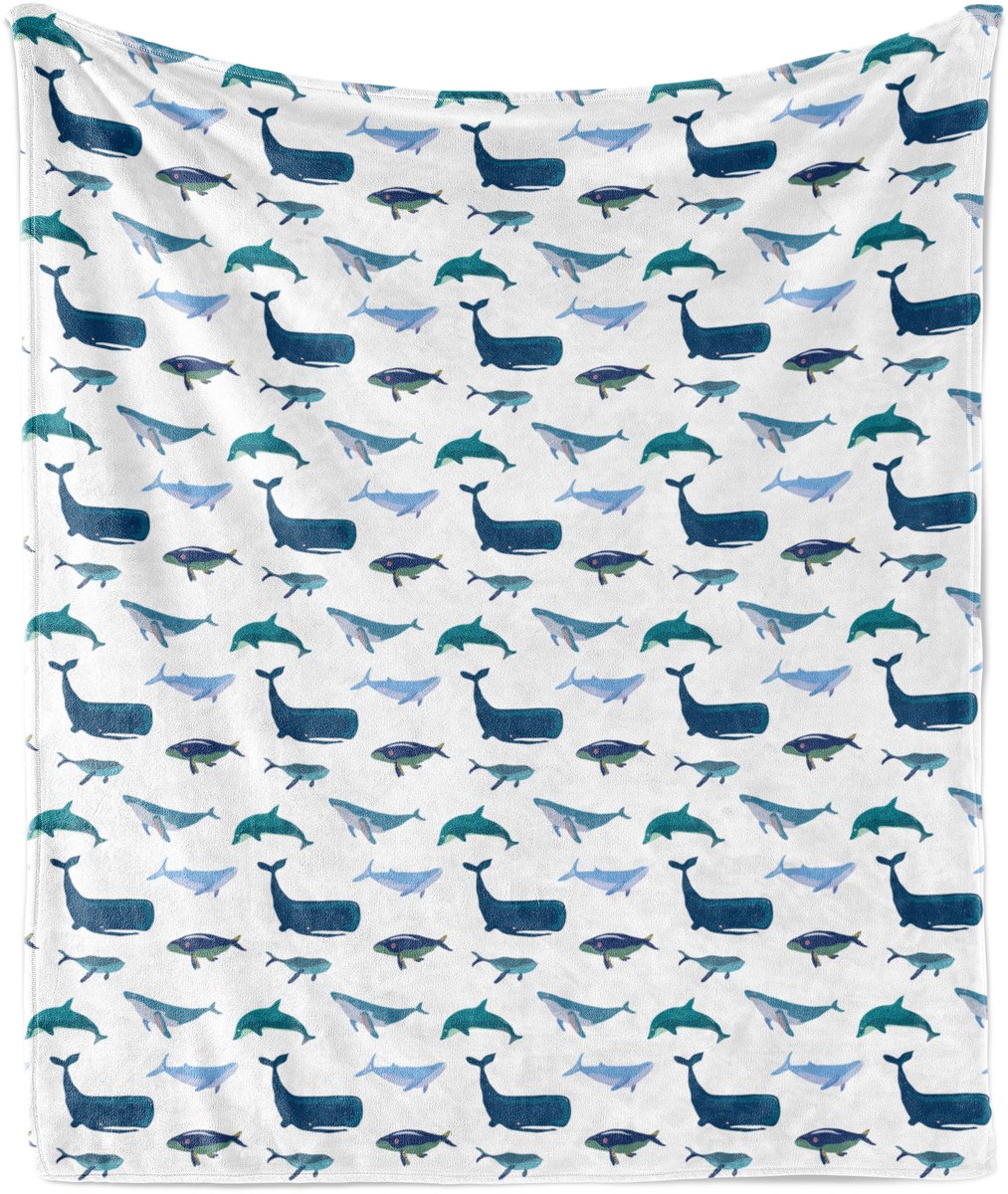 ABAKUHAUS Zachte Flanellen Fleece Deken met Walvismotief, Zwemmende Zeedieren, Gezellige Pluche Plaid, 125 x 175 cm, Teal Donkerblauw Wit