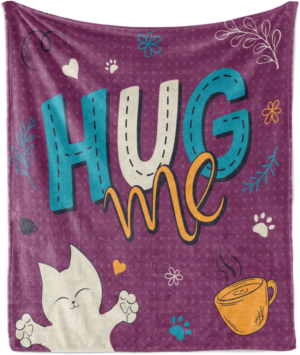 ABAKUHAUS Knuffeldeken van zacht flanellen fleece, met kattenthema en de tekst "Knuffel me", knusse pluche plaid, 175 x 230 cm, paars meerkleurig